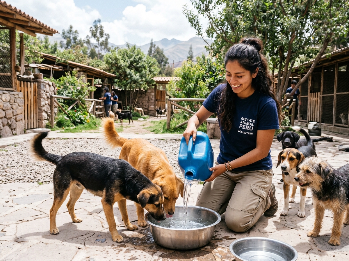Voluntaria sirviendo agua ozonizada en albergue animal