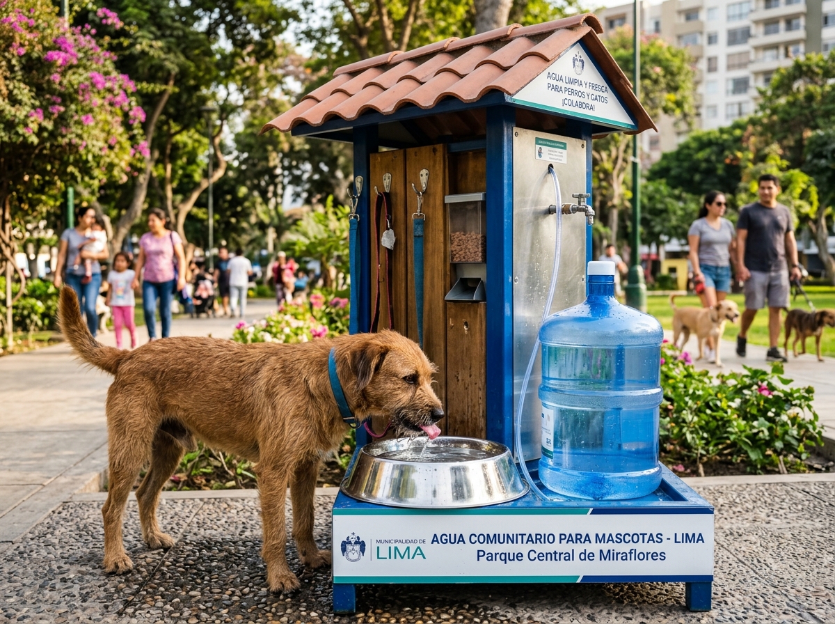 Perrito comunitario bebiendo agua limpia en estación Jalsuri