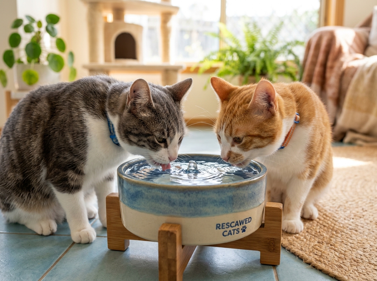 Gatitos rescatados bebiendo agua purificada